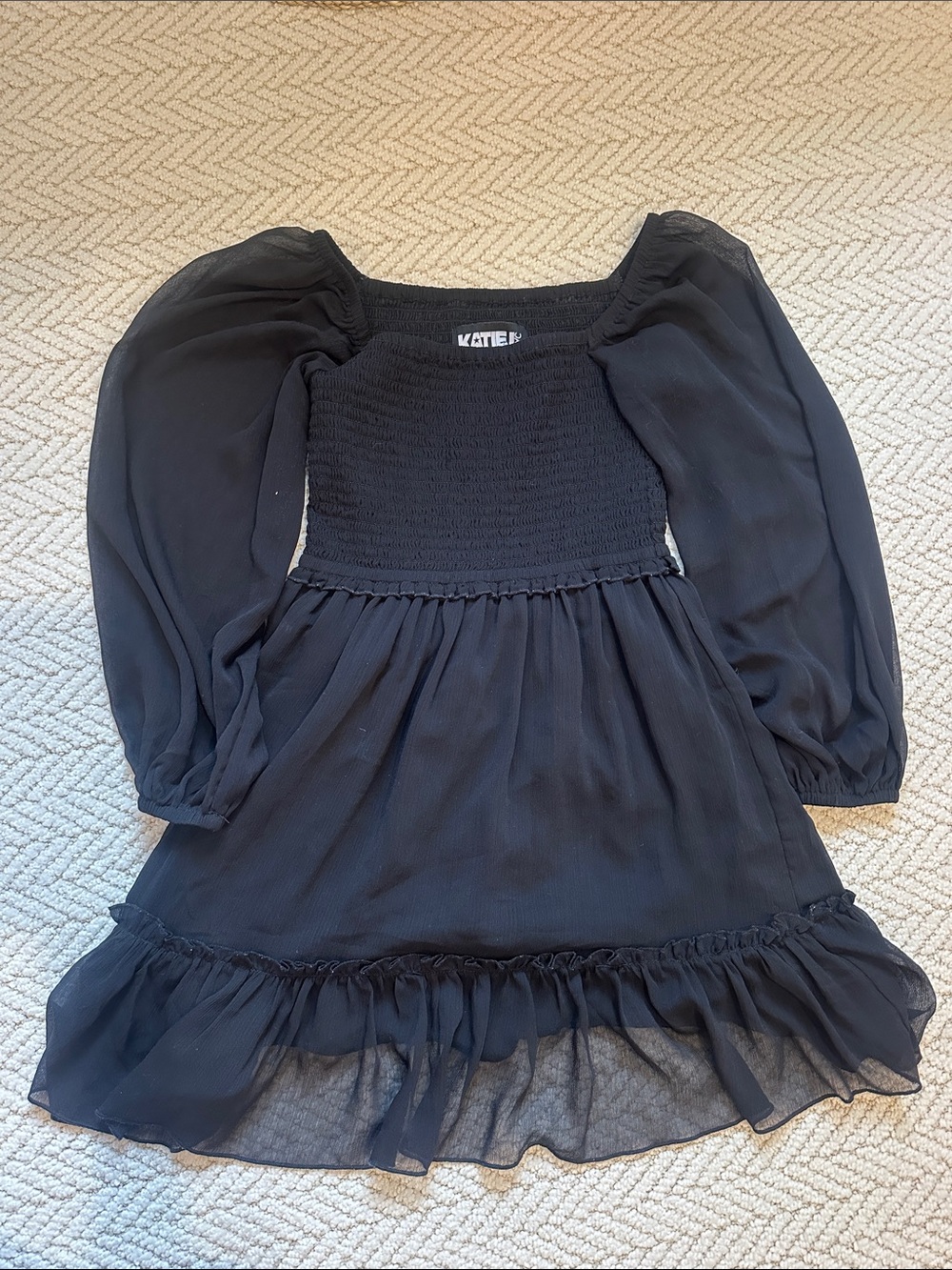 Katie J NYC Black Sheer Puff-Sleeve Smocked Bodice Dress